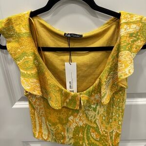 Zara Women’s Crop Top Green/Yellow Sz M New With Tags